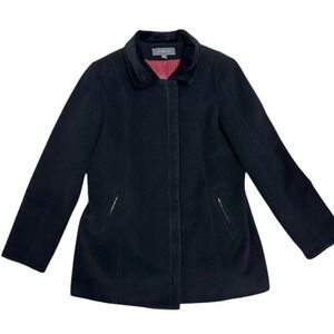 Liz Claiborne Classic Black Wool Blend Coat with‎ Zip Pockets Red Lining Size 14